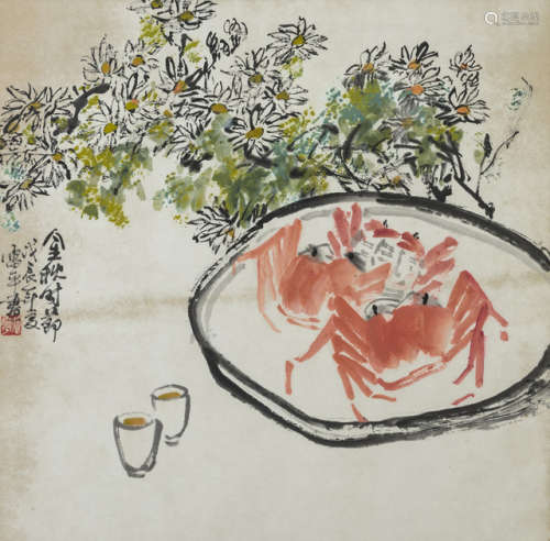 张雷平（-1945） 中国，题款所注日期为1988年 菊黄蟹肥图 镜框 水墨设色纸本