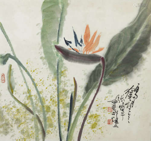 张雷平（-1945） 中国20世纪 鹤望兰图 镜框 水墨设色纸本