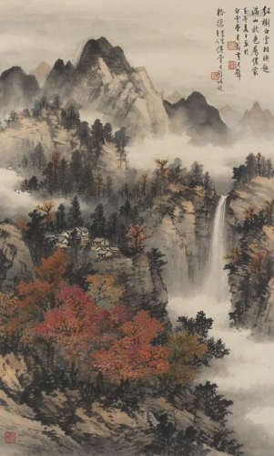 黄君璧（1898-1991） 中国，题款所注日期为1942年 秋山飞泉图 镜框 水墨设色纸本