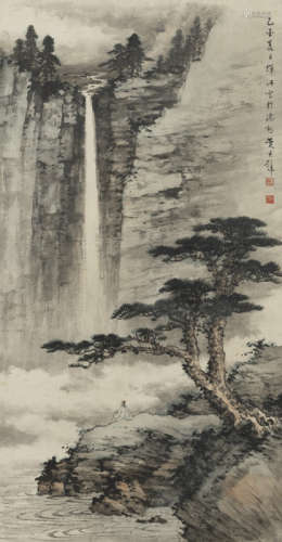 黄君璧（1898-1991） 中国，题款所注日期为1945年 松下观瀑图 镜框 水墨设色纸本