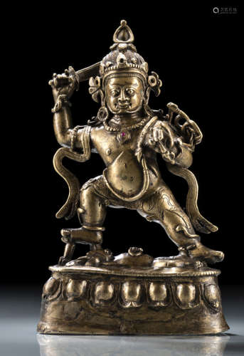 中国13/14世纪，西藏风格 不动明王莲座铜立像
