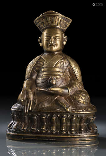 明16世纪，西藏风格 喇嘛莲座铜坐像
