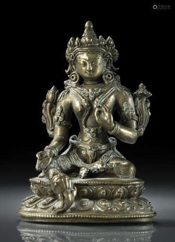 明16世纪，西藏风格 绿度母莲座铜坐像