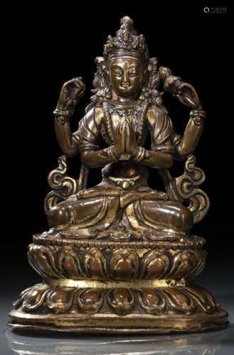 18世纪，尼泊尔风格 铜鎏金四臂六字观音莲座坐像