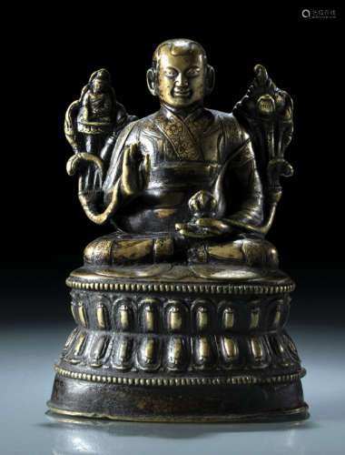 明15/16世纪，西藏风格 喇嘛莲座铜坐像