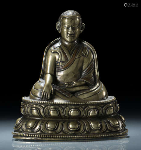 中国14/15世纪，西藏风格 喇嘛莲座铜坐像