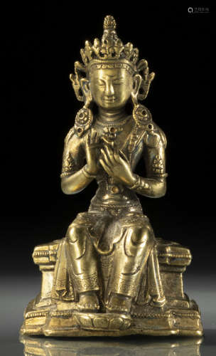 中国17世纪，西藏风格 弥勒菩萨宝座铜坐像