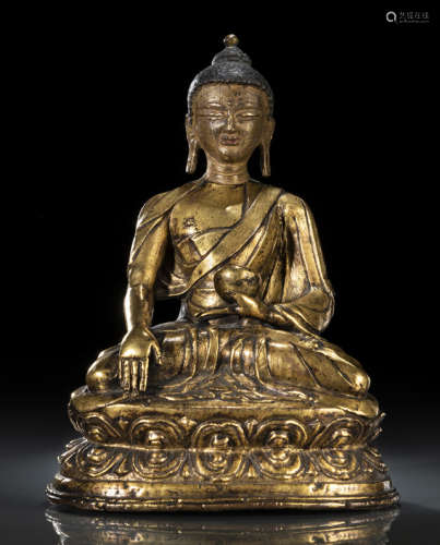 明15世纪，西藏风格 铜鎏金释迦牟尼佛莲座坐像