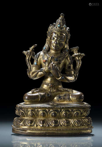 明15世纪，西藏风格 铜鎏金文殊菩萨莲座坐像