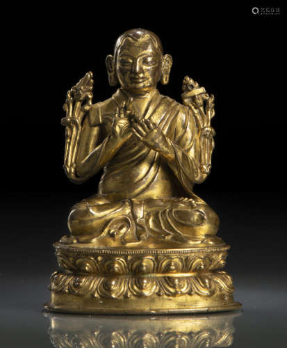 明15世纪，西藏风格 铜鎏金宗喀巴莲座坐像
