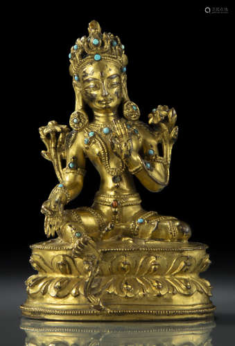 明16世纪，西藏风格 铜鎏金绿度母莲座坐像