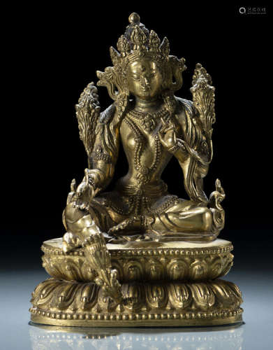清18世纪，西藏风格 铜鎏金绿度母莲座坐像