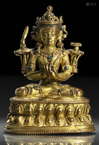 明16世纪，西藏风格 铜鎏金文殊菩萨莲座坐像