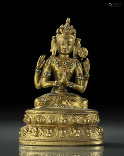 明15世纪晚期，西藏风格 铜镀金四臂六字观音莲座坐像
