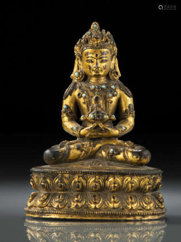 明15世纪，西藏风格 铜鎏金无量寿佛莲座坐像