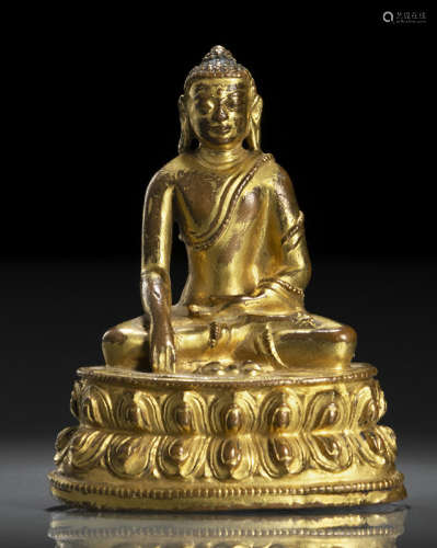 明16世纪，西藏风格 铜鎏金释迦牟尼佛莲座坐像