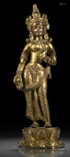 约18世纪，尼泊尔风格 铜鎏金度母莲座立像