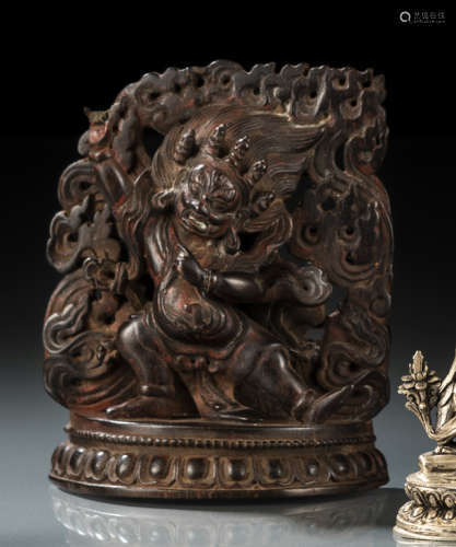 西藏地区风格 木雕密续神明莲座立像