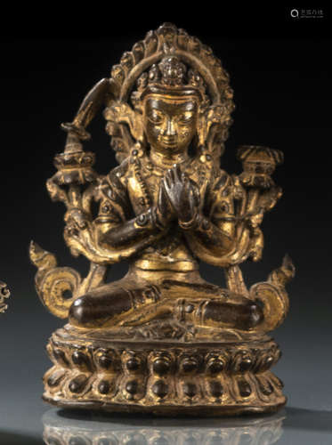 17世纪，尼泊尔风格 铜镀金文殊菩萨莲座坐像