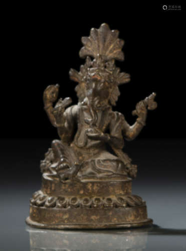 19世纪，尼泊尔风格 象头神莲座铜坐像