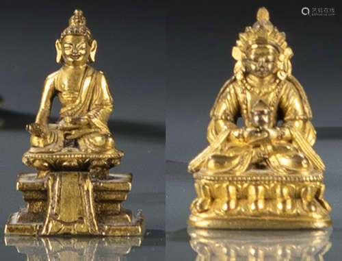 清18世纪晚期，汉藏风格 袖珍铜鎏金无量寿佛 释迦牟尼佛坐像各一