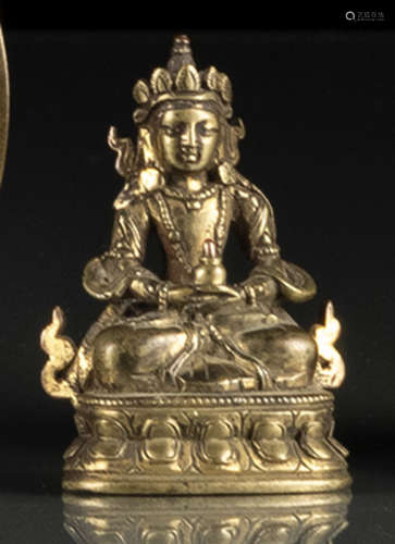 清18世纪晚期，汉藏风格 袖珍无量寿佛莲座铜坐像