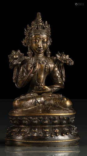 明16世纪早期，西藏风格 弥勒菩萨莲座铜坐像
