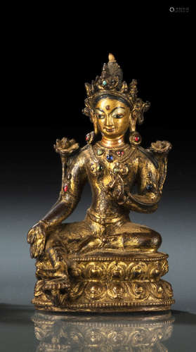中国17世纪，西藏风格 铜镀金绿度母莲座坐像
