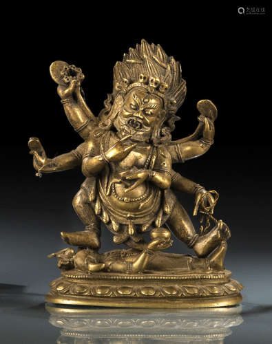 清18世纪晚期，汉藏风格 六臂大黑天莲座铜立像