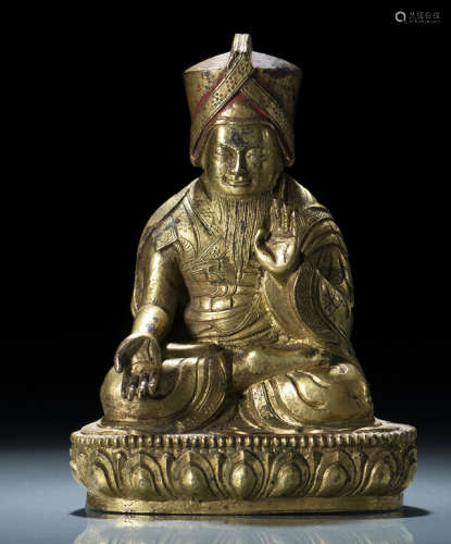 清18世纪，西藏风格 铜鎏金喇嘛莲座坐像