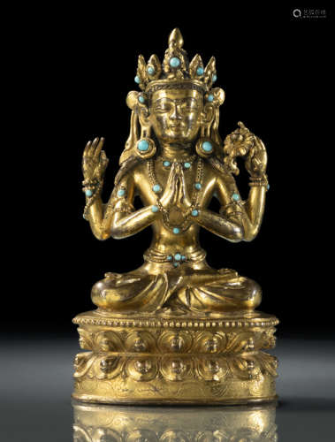 明15世纪晚期，西藏风格 铜鎏金四臂六字观音莲座坐像