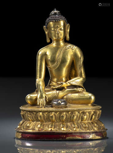 明15世纪，西藏风格 铜鎏金释迦牟尼佛莲座坐像