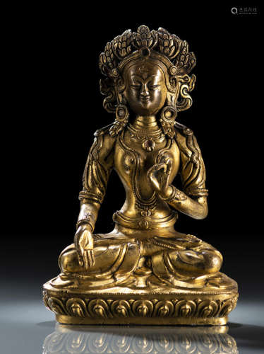 清18/19世纪，西藏风格 铜鎏金白度母莲座坐像