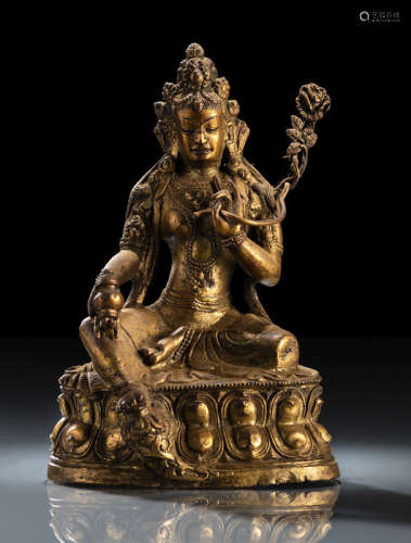 清18世纪，西藏风格 铜镀金度母莲座坐像