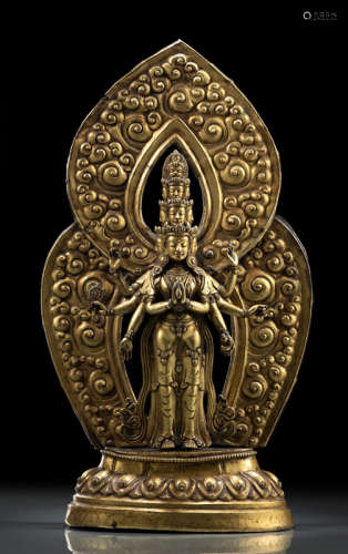 清18世纪，西藏风格 铜鎏金准提菩萨莲座立像