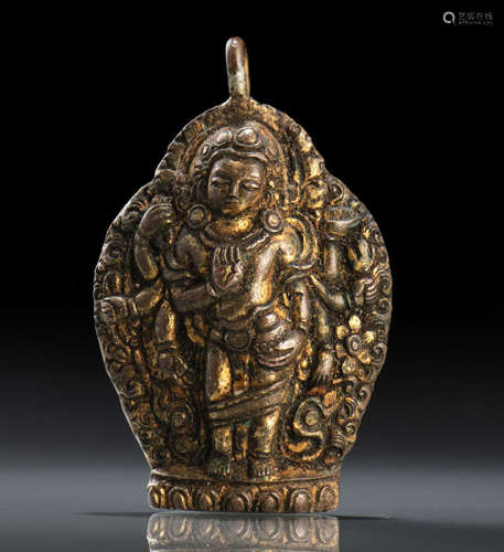 约清18世纪，西藏风格 铜镀金如意寳大黑天立像护身符