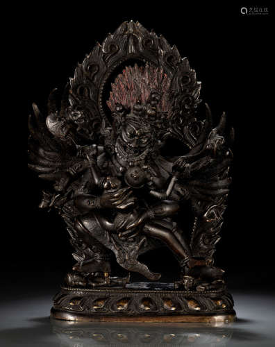 清19世纪，汉藏风格 马头明王莲座双修铜立像