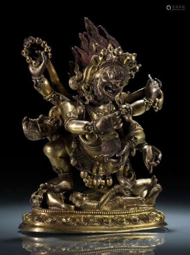 清18世纪，汉藏风格 铜鎏金六臂大黑天莲座立像