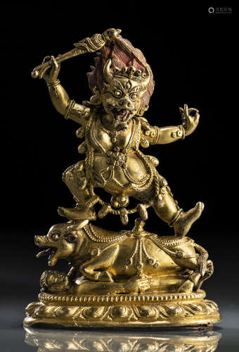 清18世纪，汉藏风格 铜鎏金阎摩罗阇踏牛莲座立像