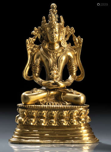 约清19世纪，汉藏风格 铜鎏金无量寿佛莲座坐像