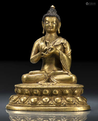 清18世纪，汉藏风格 铜鎏金释迦牟尼佛莲座坐像