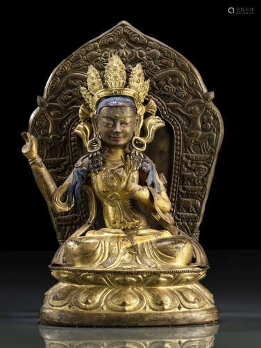 清18世纪，西藏风格 铜镀金敲花度母有屏莲座坐像