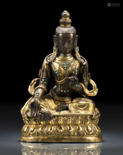 清19世纪早期，汉藏风格 敲花铜绿度母莲座坐像