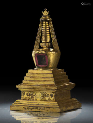 清18世纪，蒙古风格/札那巴札尔派风格 铜鎏金菩提塔