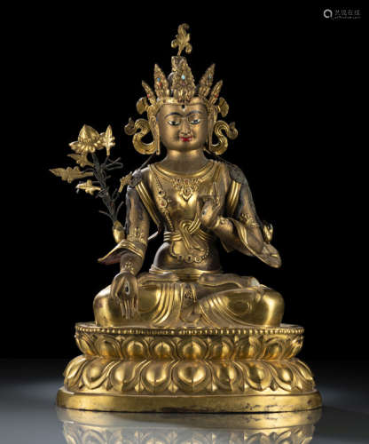 清18世纪晚期/19世纪早期，蒙古风格 铜鎏金敲花白度母莲座坐像