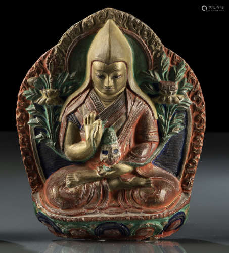 中国20世纪早期，西藏风格 纸胎彩绘宗喀巴莲座坐像