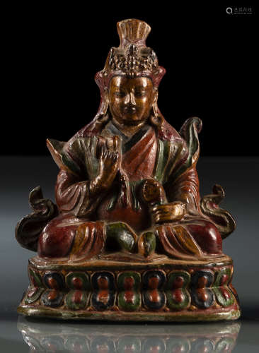 清19世纪，西藏风格 彩陶莲花生有屏莲座坐像