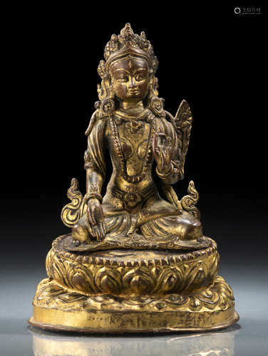 18/19世纪，尼泊尔风格 铜鎏金白度母莲座坐像