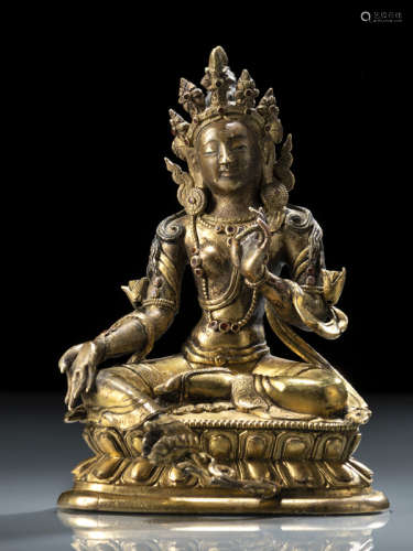 清18世纪，汉藏风格 铜鎏金绿度母莲座坐像