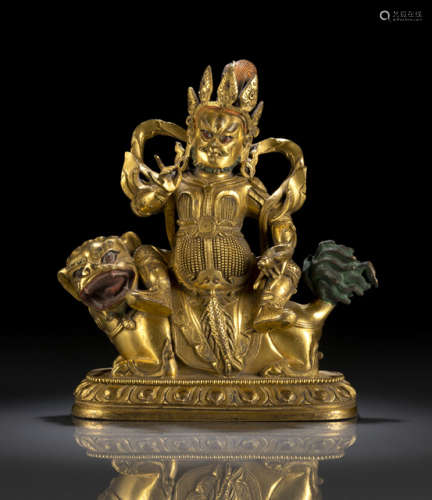 清18世纪晚期，汉藏风格 铜鎏金毗沙门天骑狮莲座坐像